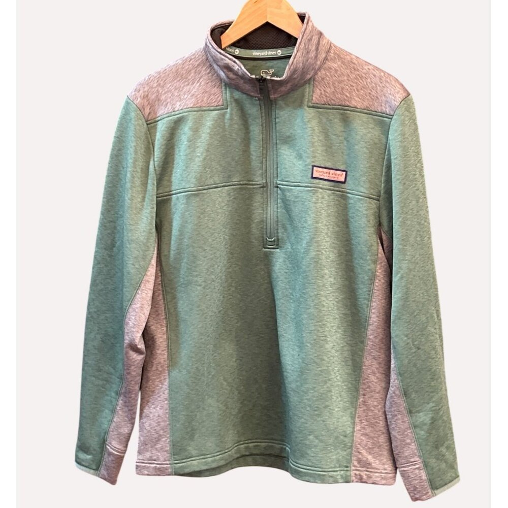 Vineyard Vines Green Gray Preppy Fleece Pullover Medium Quarter Zip Athleisure